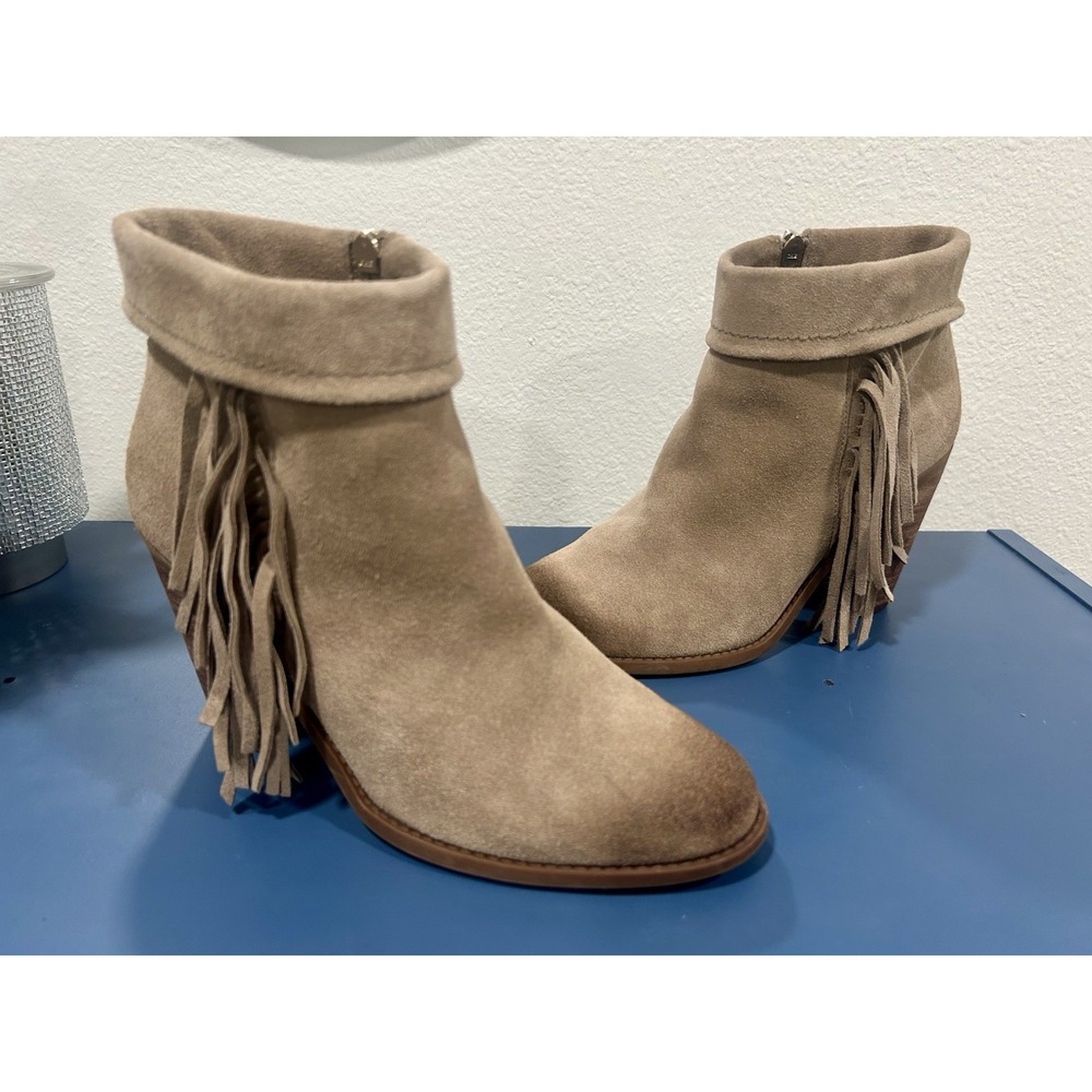 Jessica Simpson Taupe Tan Callaghan Sz 9 Fringe Ankle Block Heel Boots Zip LkNw